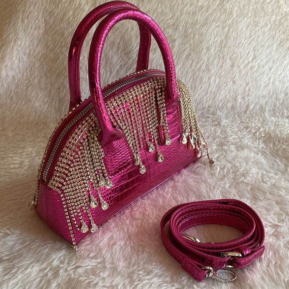 NWOT Adorably Chic Hot Pink Faux Croco Leather with dangling Rhinestones Bag - Picture 3 of 16